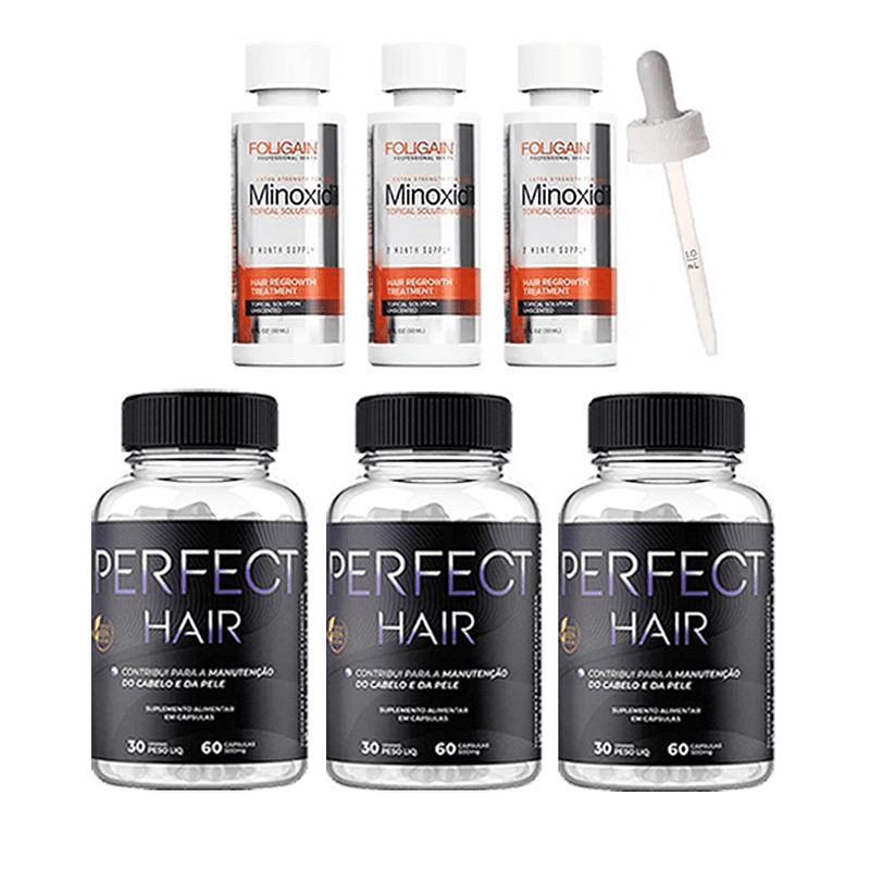 3 Frascos de minoxidil foligain + 3 frascos de perfect hair alta resolução