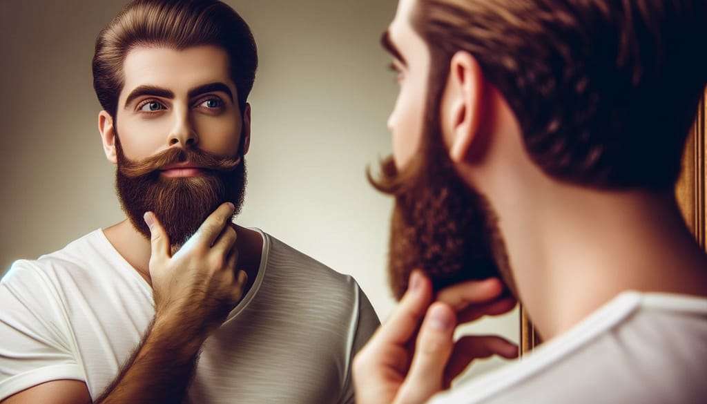 Barba em Homens Trans: Os Segredos do Minoxidil 8 DALL·E 2023 10 26 16.07.04 Photo of a man with a touch of femininity boasting a lush beard gazing at his reflection in the mirror with a look of confidence and self appreciati
