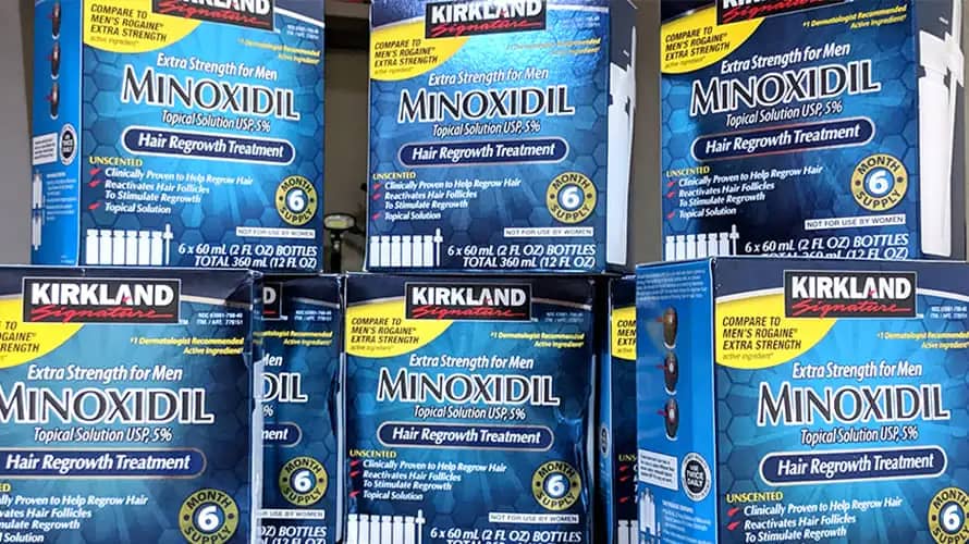 Minoxidil para Barba: O Caminho Certeiro para uma Barba Cheia e Vistosa 2 varias caixas de minoxidil kirland para barba